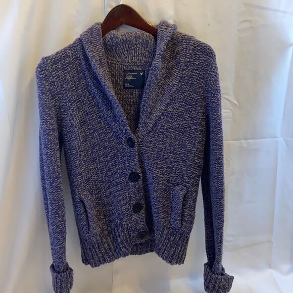 American Eagle wool blend sweater purple gray medium big buttons - Picture 1 of 6